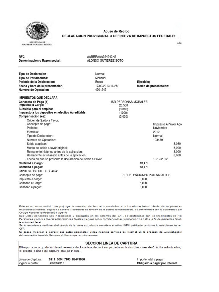 Acuse de Recibo Declaracion Provisional o Definitiva de Impuestos ...