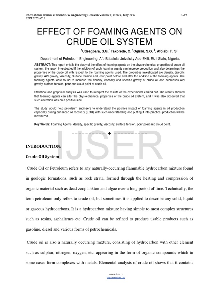 Ijser: Effect of Foaming Agents On Crude Oil System | PDF | Foam ...