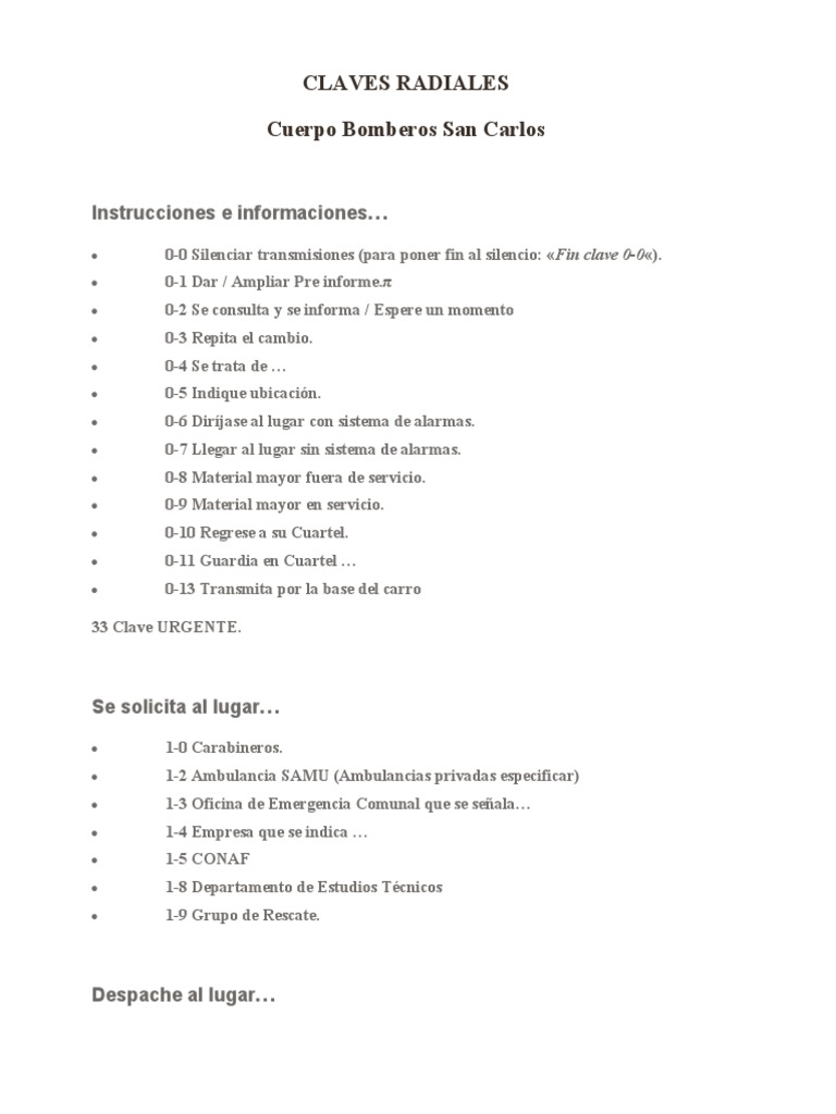 CLAVES RADIALES Bomberos Chile PDF Seguridad Pública Incendios