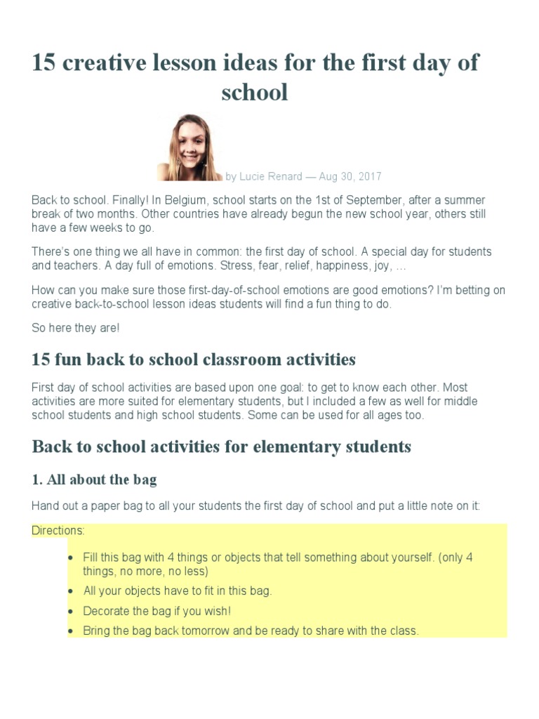 Creative First Day Activities for School | PDF
