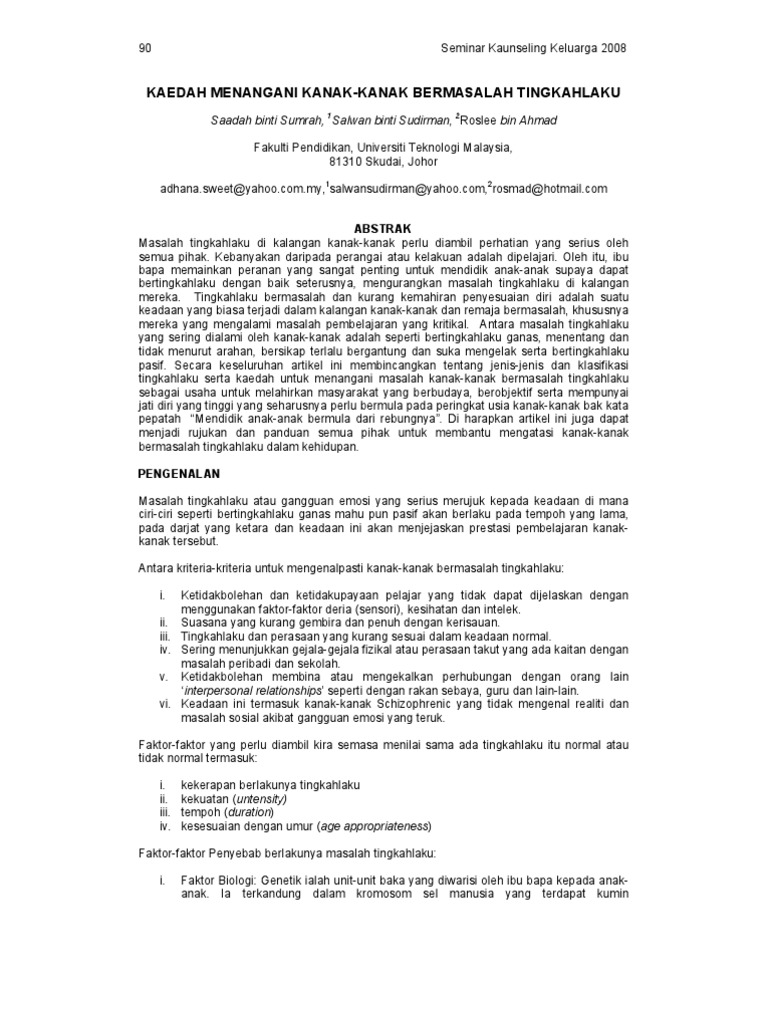 Jurnal Kaedah Menangani Kanak Kanak Bermasalah Tingkah Laku Pdf