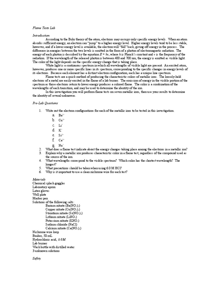Flame Tests Lab PDF Emission Spectrum Energy Level