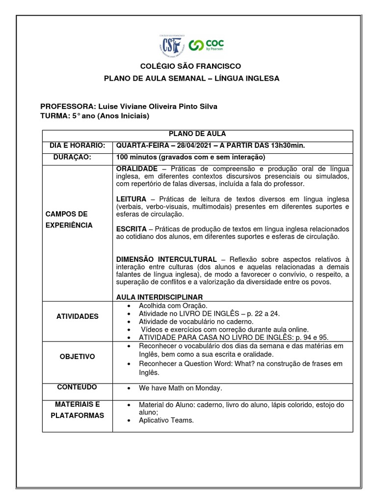 Plano de Aula de Inglês - 5º Ano BNCC | PDF | Artes Linguísticas e ...