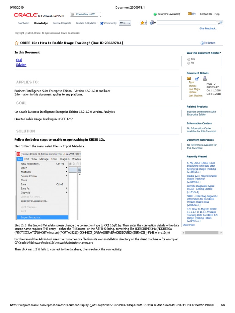 Applies To OBIEE 12c How To Enable Usage Tracking? (Doc ID 2366978.1