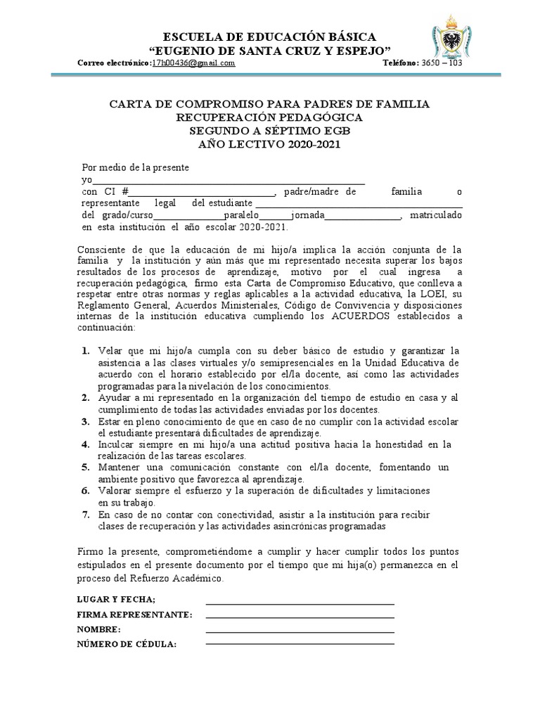 Carta de Compromiso para Padres de Familia | PDF | Educación primaria ...