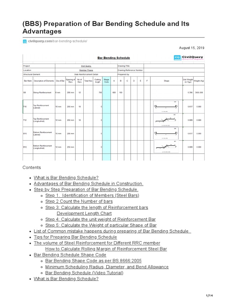Bar Bending Schedule Preparation Guide | PDF | Volume | Beam (Structure)