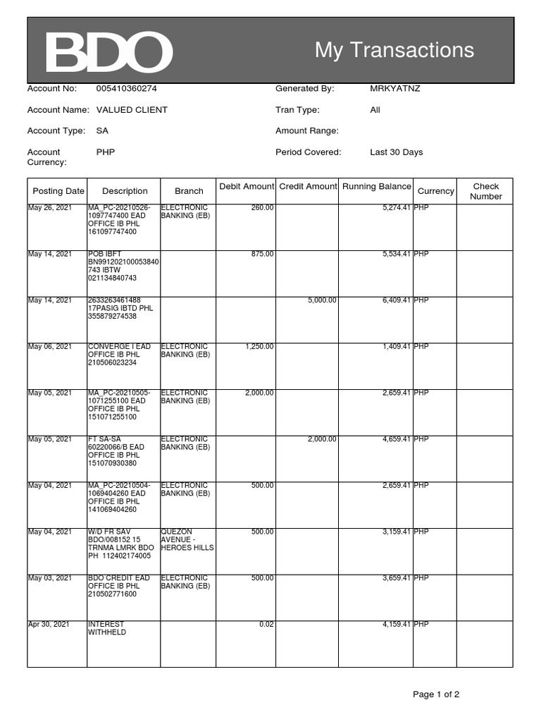 BDO Transaction Summary Report | PDF | Debits And Credits | Trade