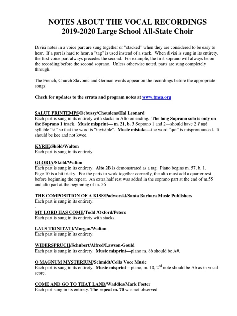 Notes About The Vocal Recordings 2019-2020 Large School All-State Choir ...