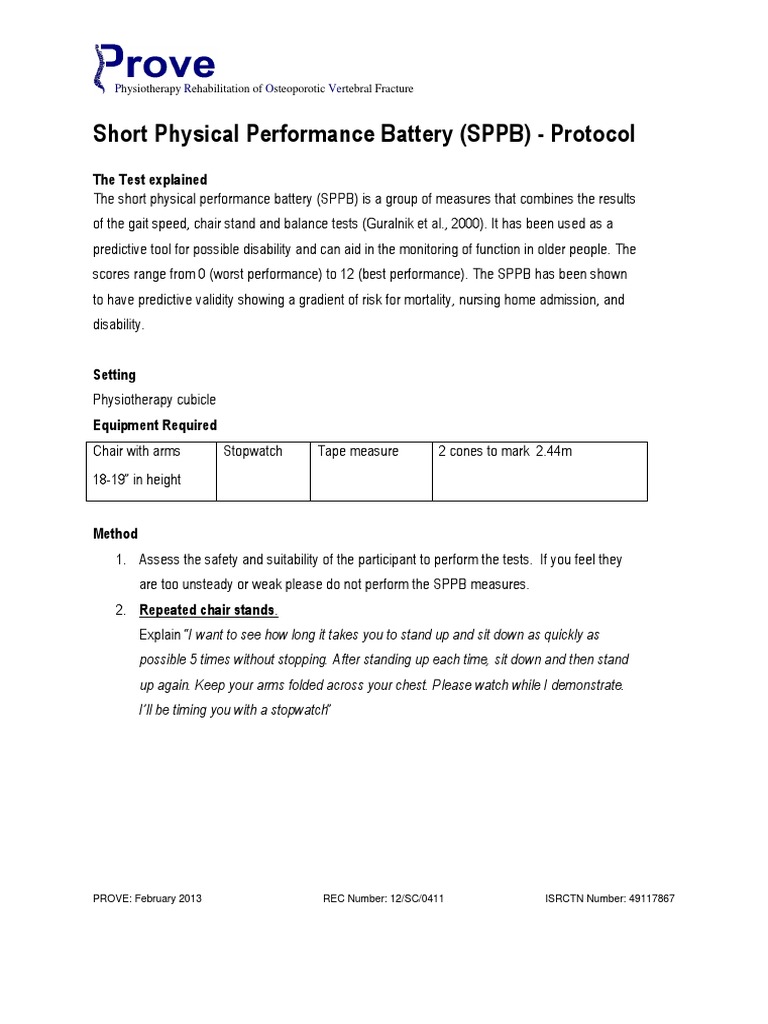 Short Physical Performance Battery (SPPB) Protocol The Test