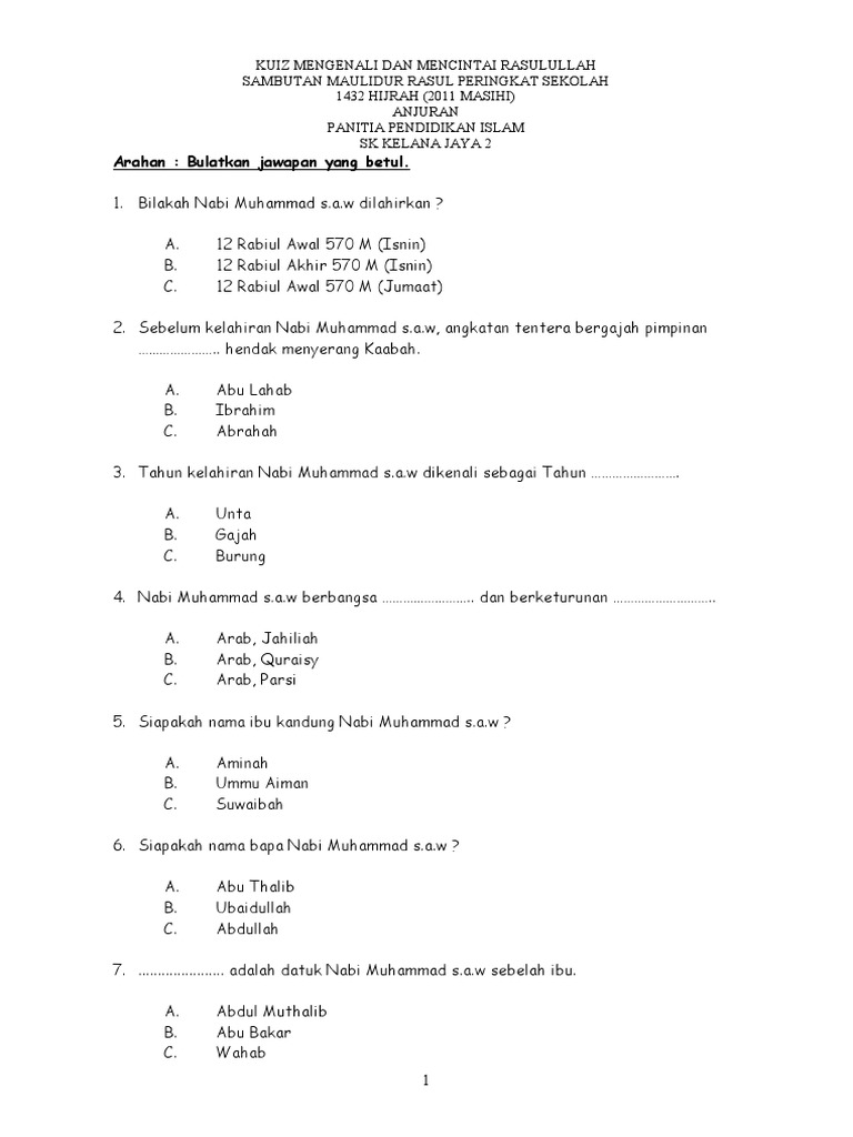 Contoh Soalan Kuiz Maulidur Rasul - Zeno News