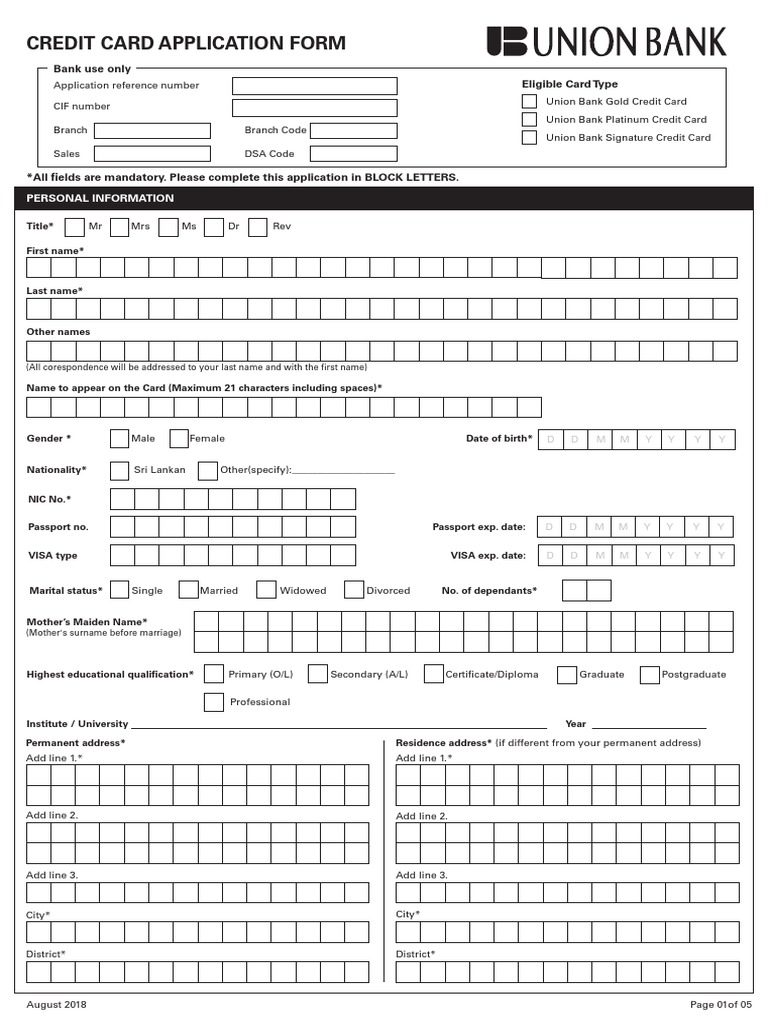 Union Bank Credit Card Application Form | PDF | Credit Card | Visa Inc.