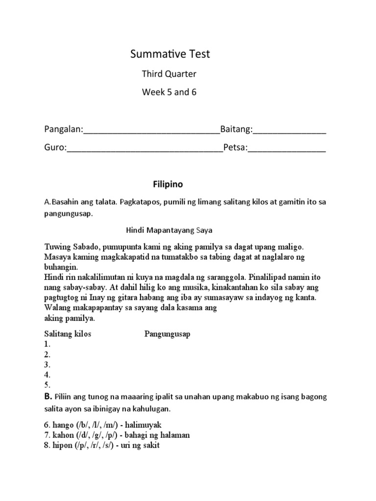 Summative Test Quarter 3 Week 5 and 6 | PDF