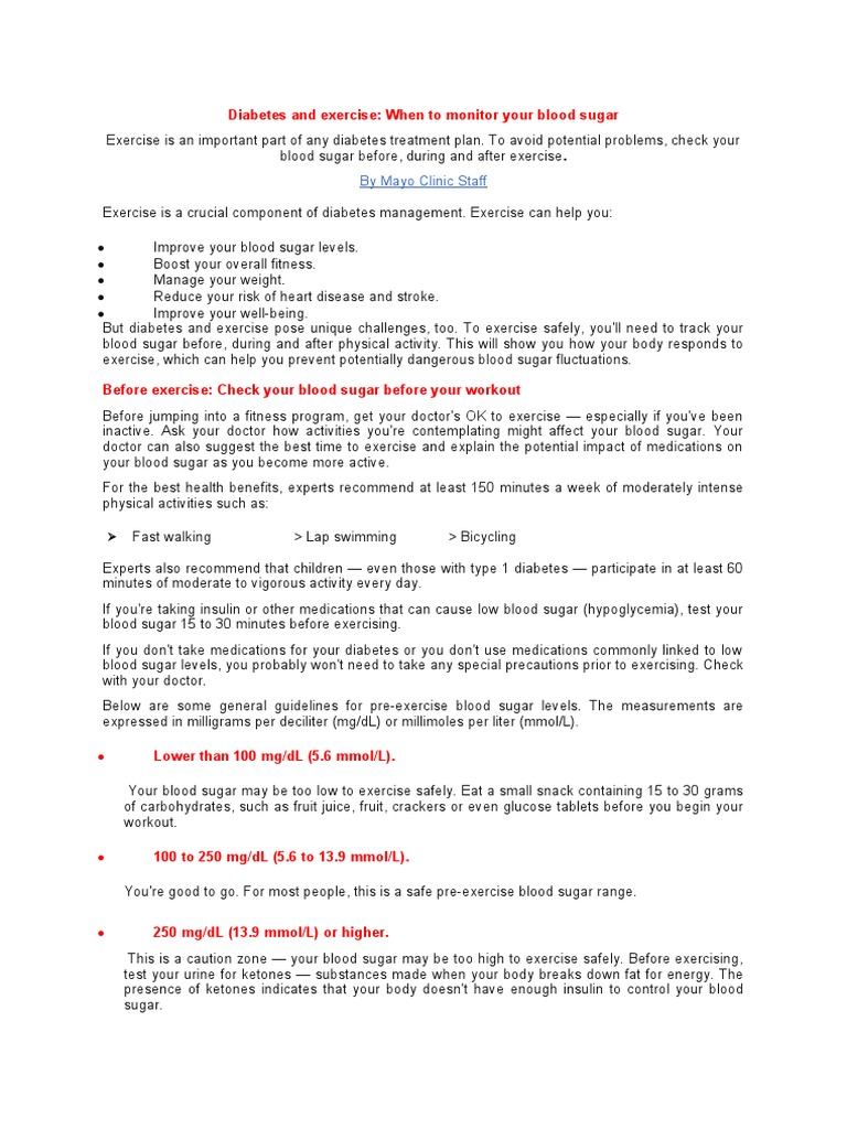 Diabetes and Exercise When To Monitor Your Blood Sugar by Mayo Clinic