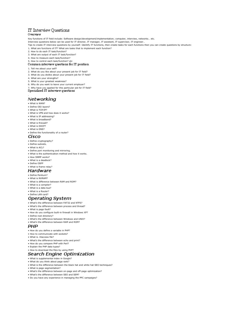 IT Interview Questions Overview | PDF