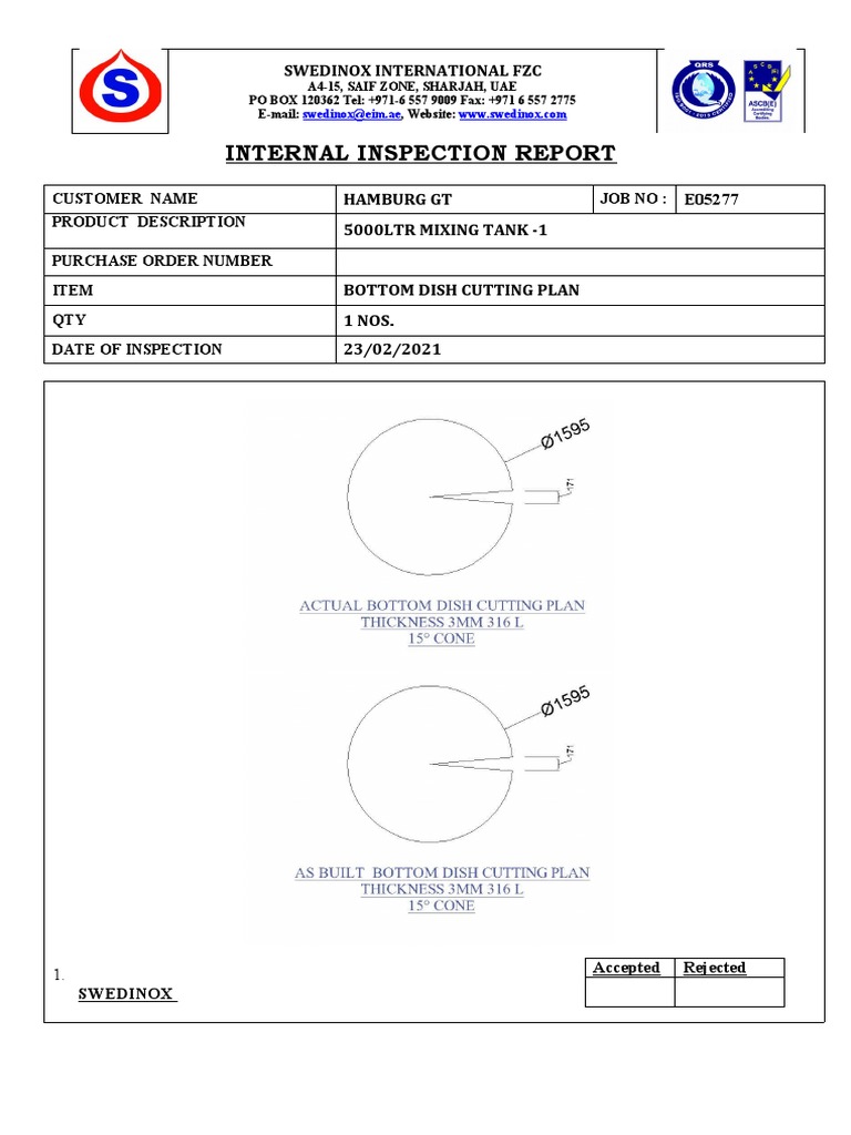 Internal Inspection Report for Mixing Tanks | PDF | Technology ...