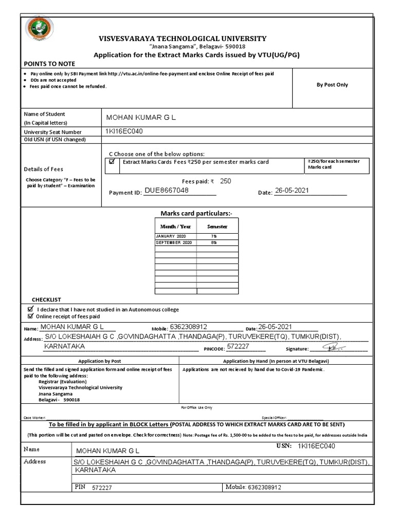 Visvesvaraya Technological University Application For The Extract Marks ...