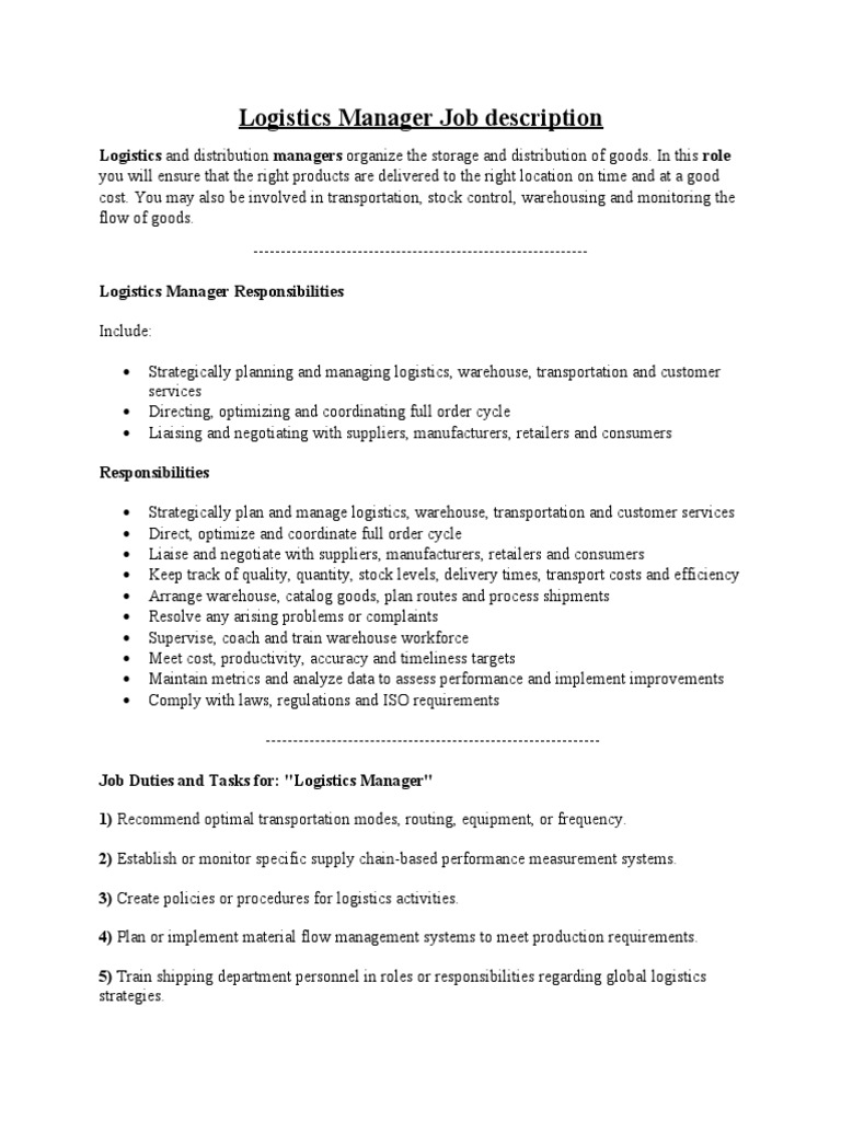 Logistics Manager Job Description PDF Logistics Supply Chain