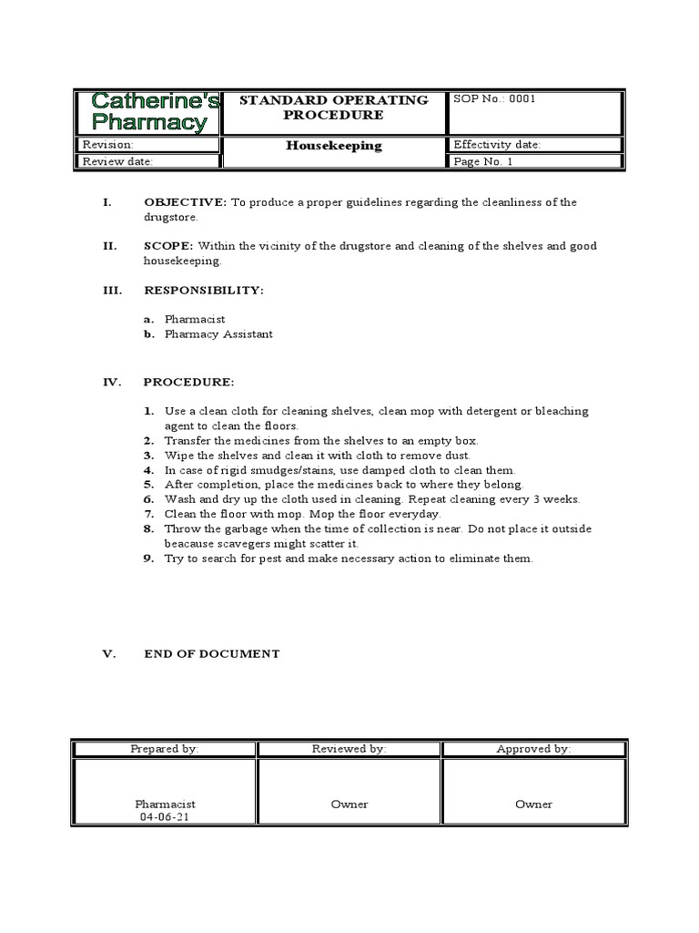 Standard Operating Procedures for Housekeeping, Dispensing, Storage