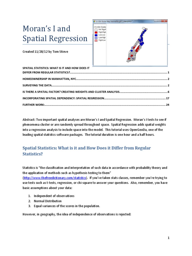 Moran's I and Spatial Regression Tutorial | PDF | Spatial Analysis ...