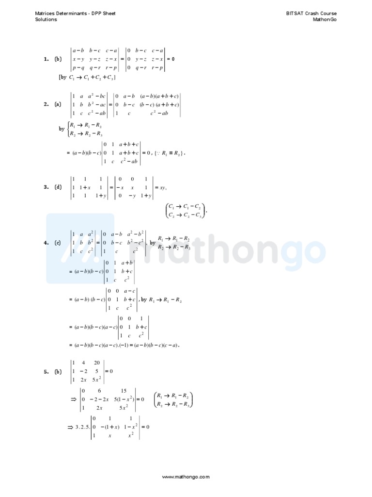 Solution Matrices Determinants Sheet MathonGo BITSAT Crash Course