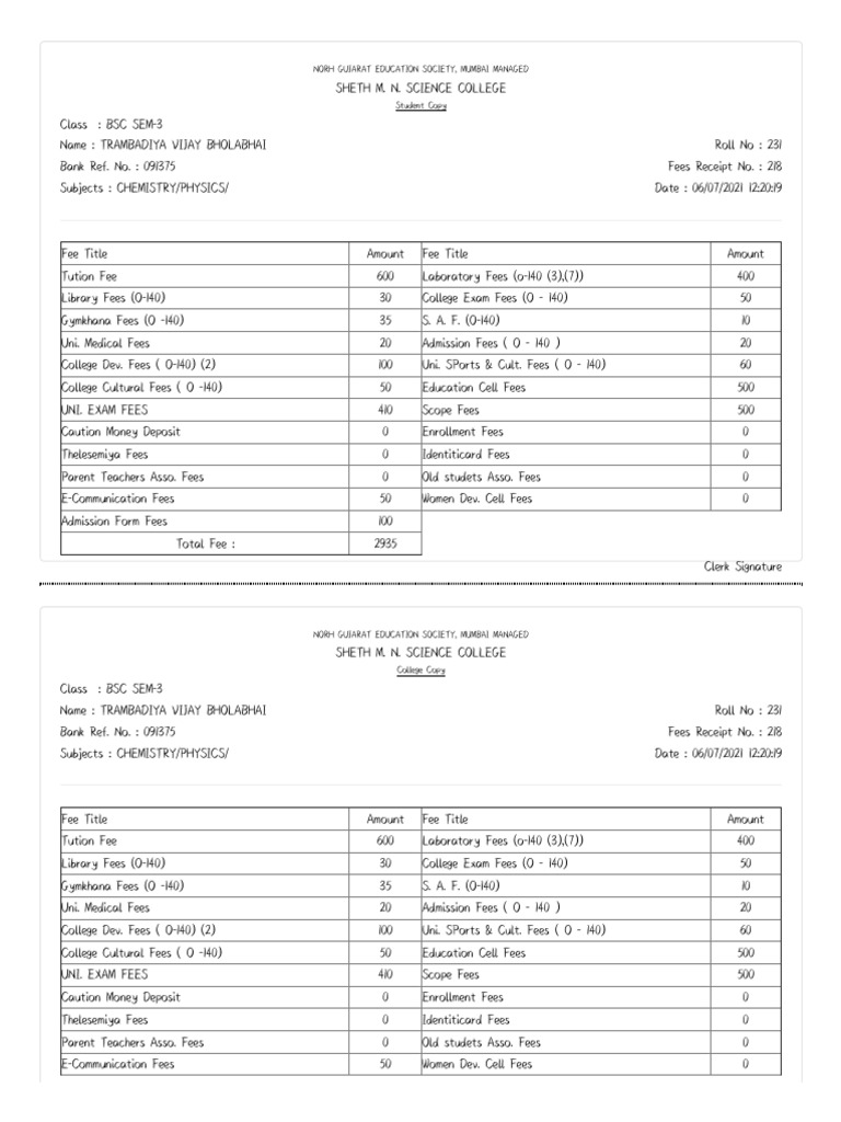 Admission Fee Receipt PDF Science Science And Technology