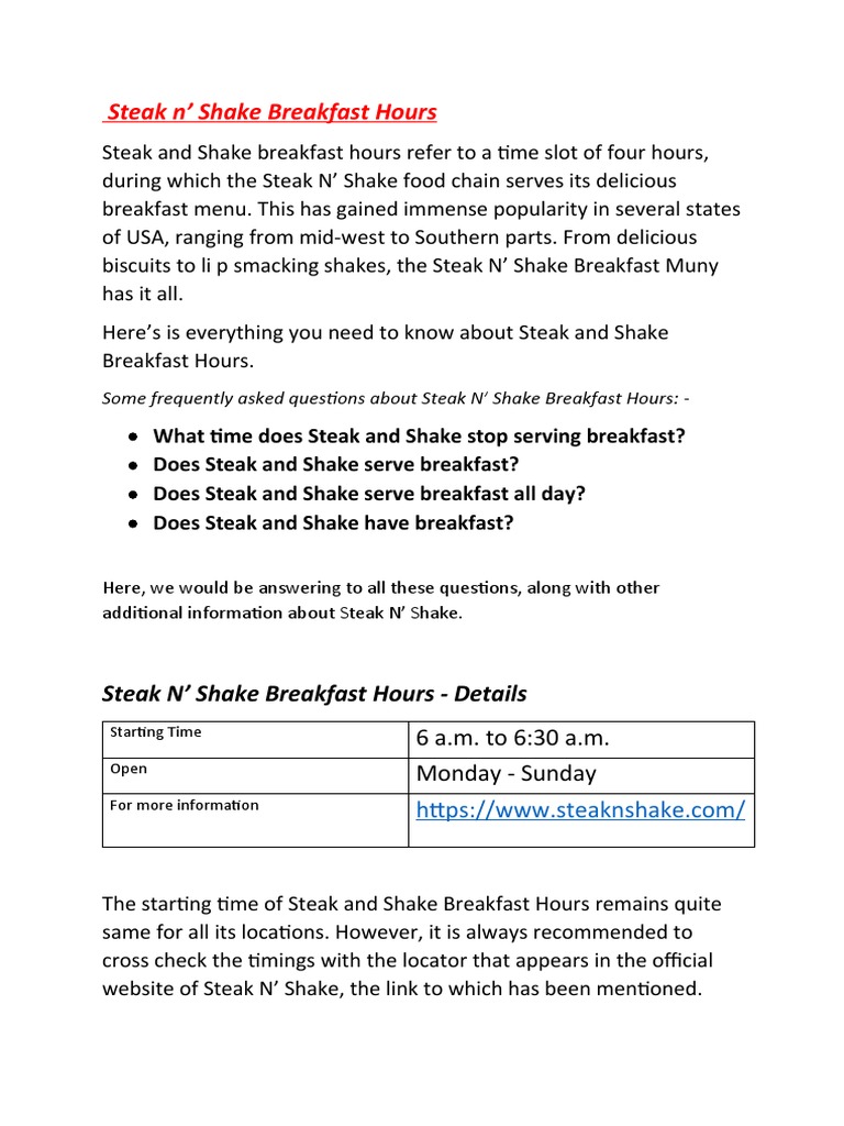 Steak N Shake Breakfast Hours | PDF | Pancake | Sausage