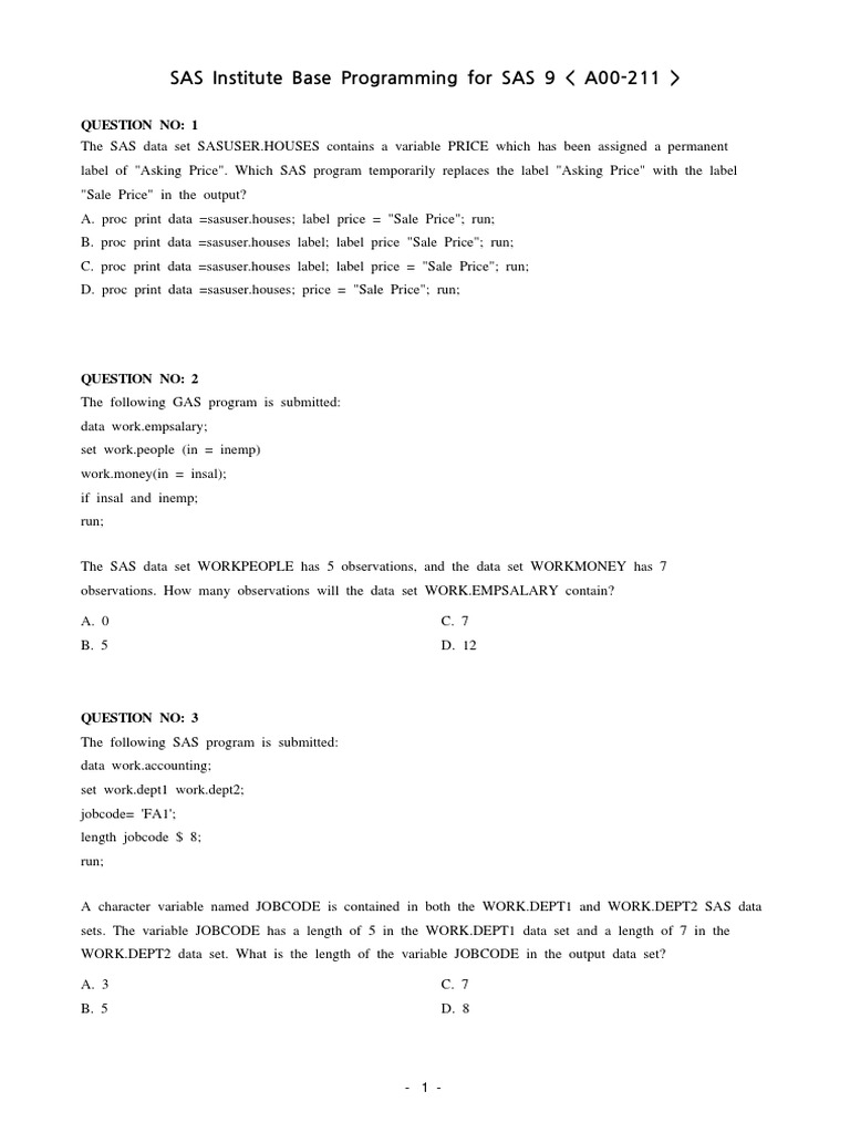 SAS Programming Exam Questions and Answers | PDF | Sas (Software ...