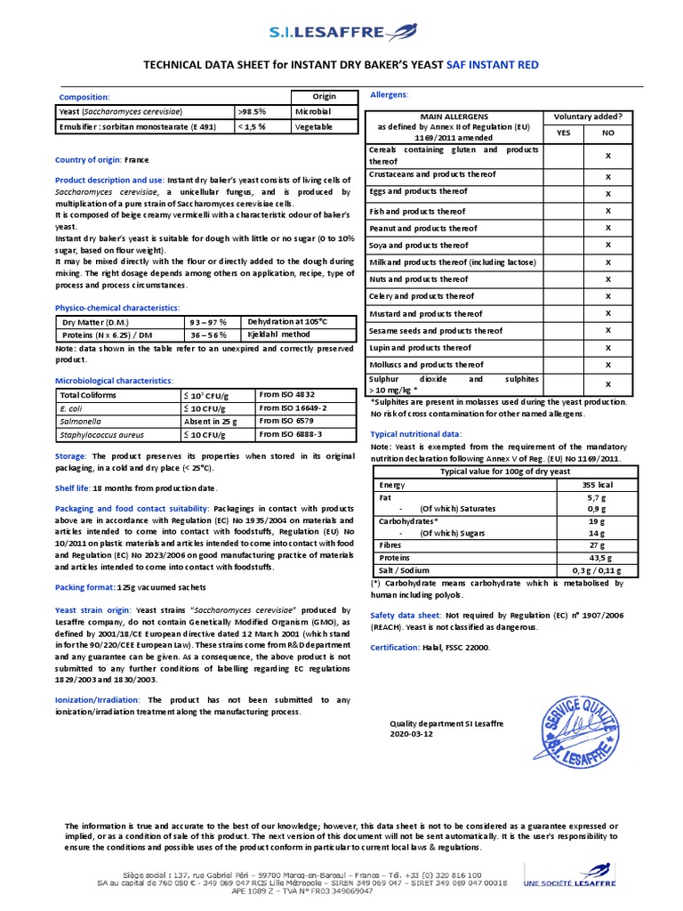 Technical Data Sheet For Instant Dry Baker'S Yeast PDF Yeast