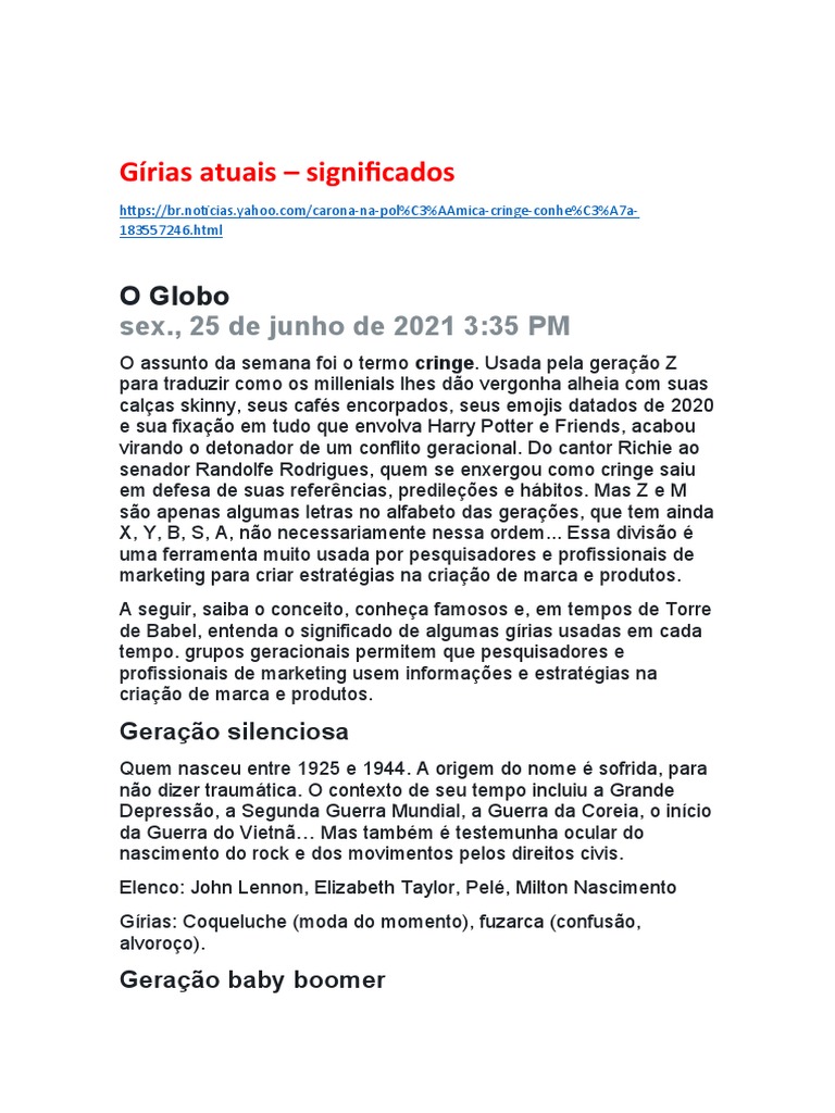 Gírias Atuais e Seus Significados | PDF | Millennials (geração Y ...