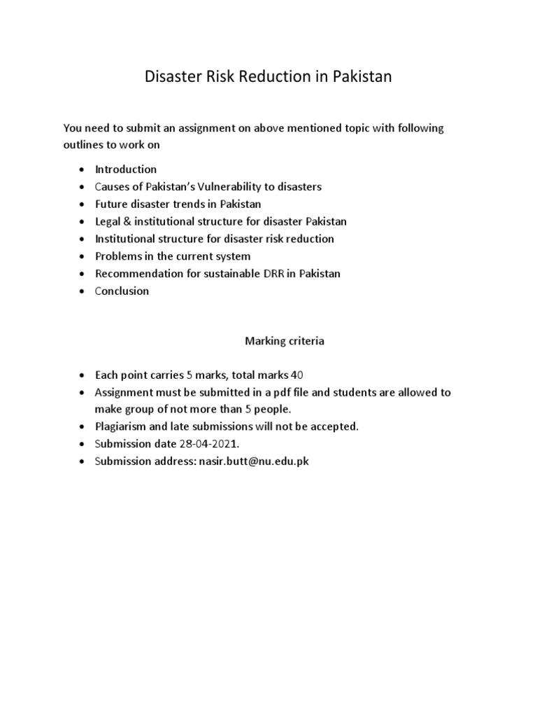Disaster Risk Reduction in Pakistan - Assignment 1 | PDF