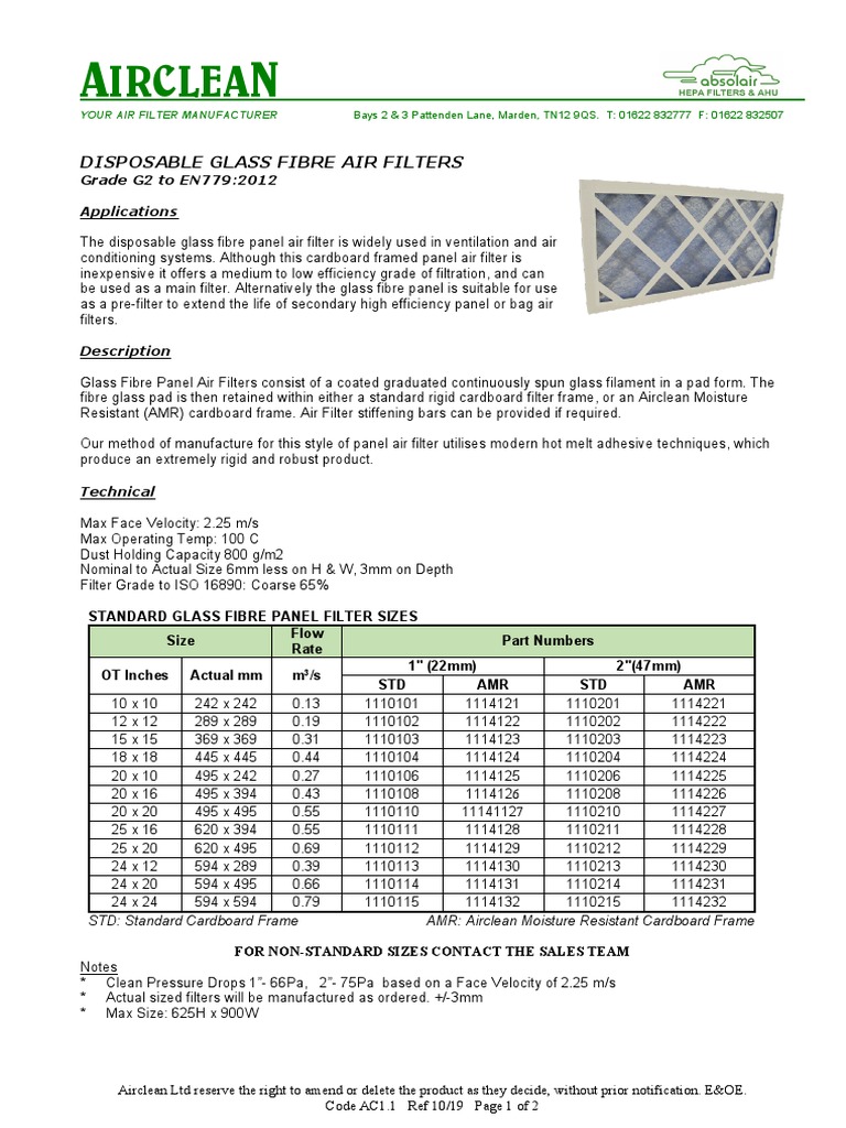 Ac1.1 Glass Fibre Panel Filters 1 PDF Fiberglass Glasses