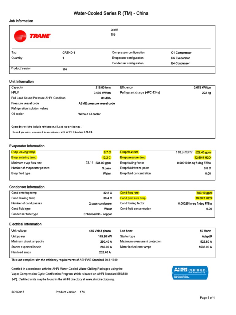 Trane Chiller Data Sheet RTHD PDF Temperature Engineering