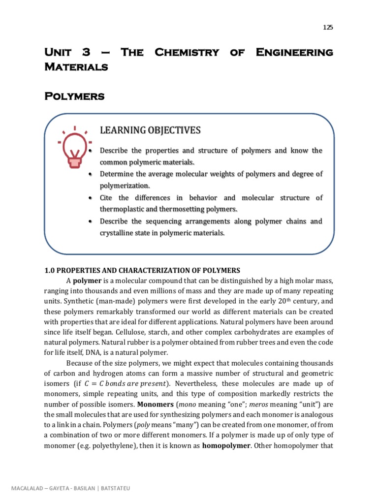Unit 3 - The Chemistry of Engineering Materials Polymers | PDF ...