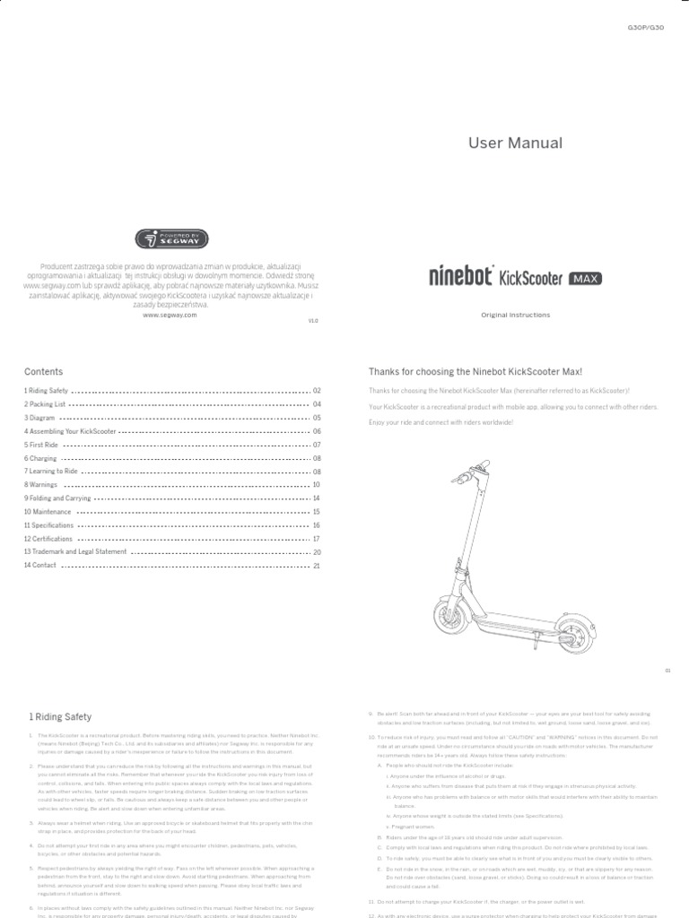 Manual de usuario Segway Ninebot KickScooter MAX G30 (Español - 61 páginas)