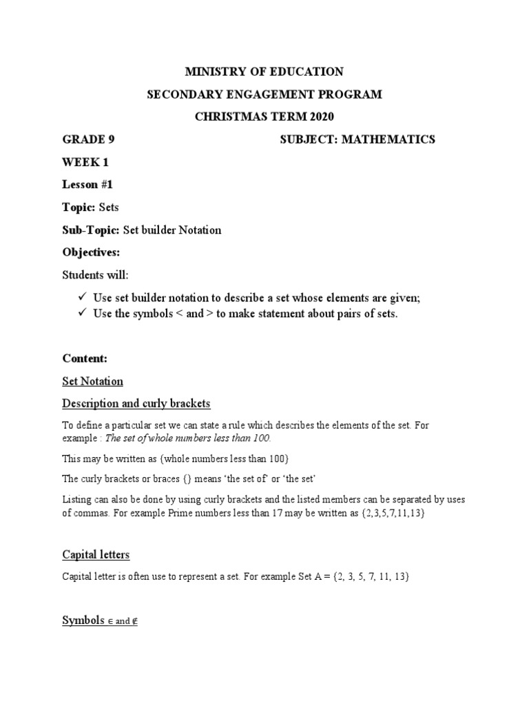 Grade 9 Math: Set Builder Notation & Subsets | PDF | Set (Mathematics ...
