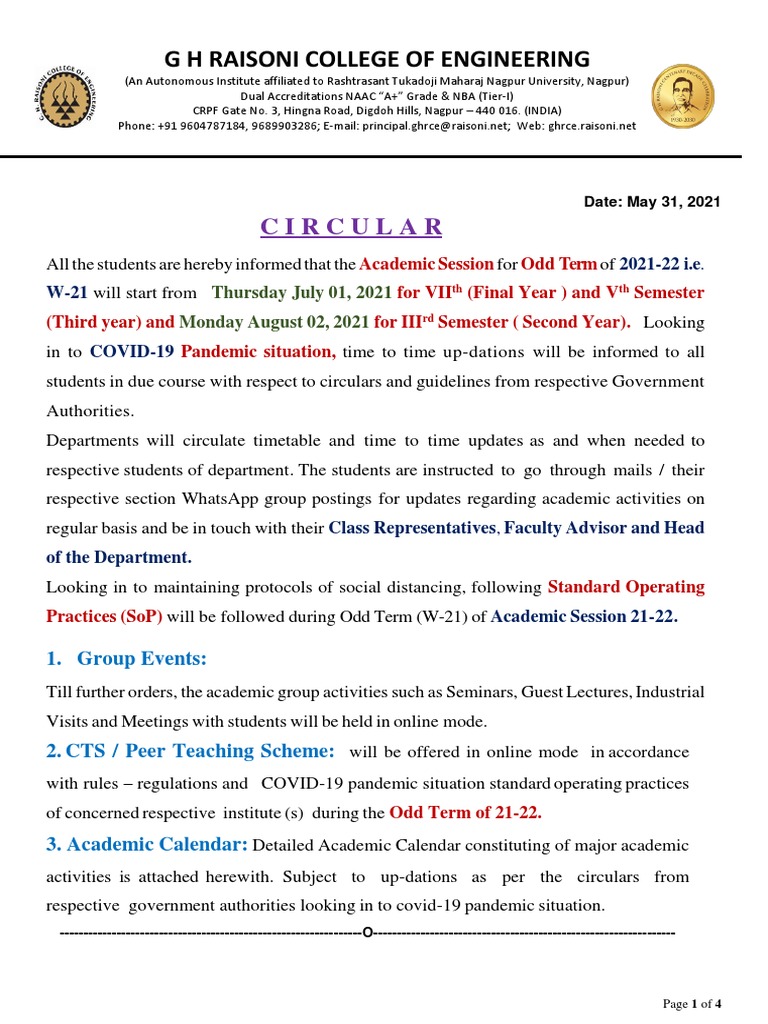 G H Raisoni College of Engineering: Circular | PDF | Academic Term ...