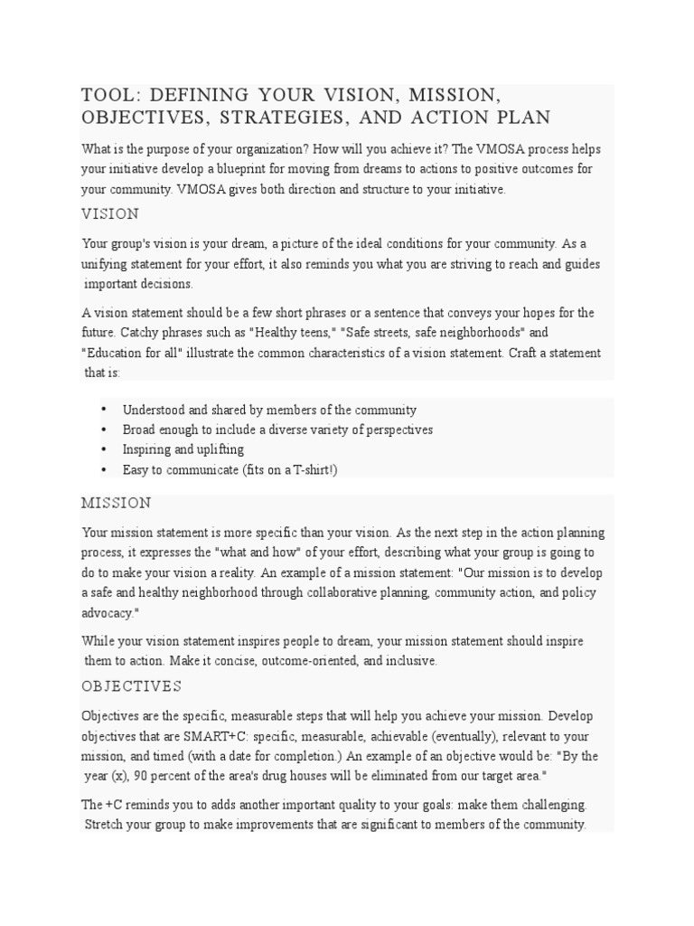 Tool: Defining Your Vision, Mission, Objectives, Strategies, and Action ...