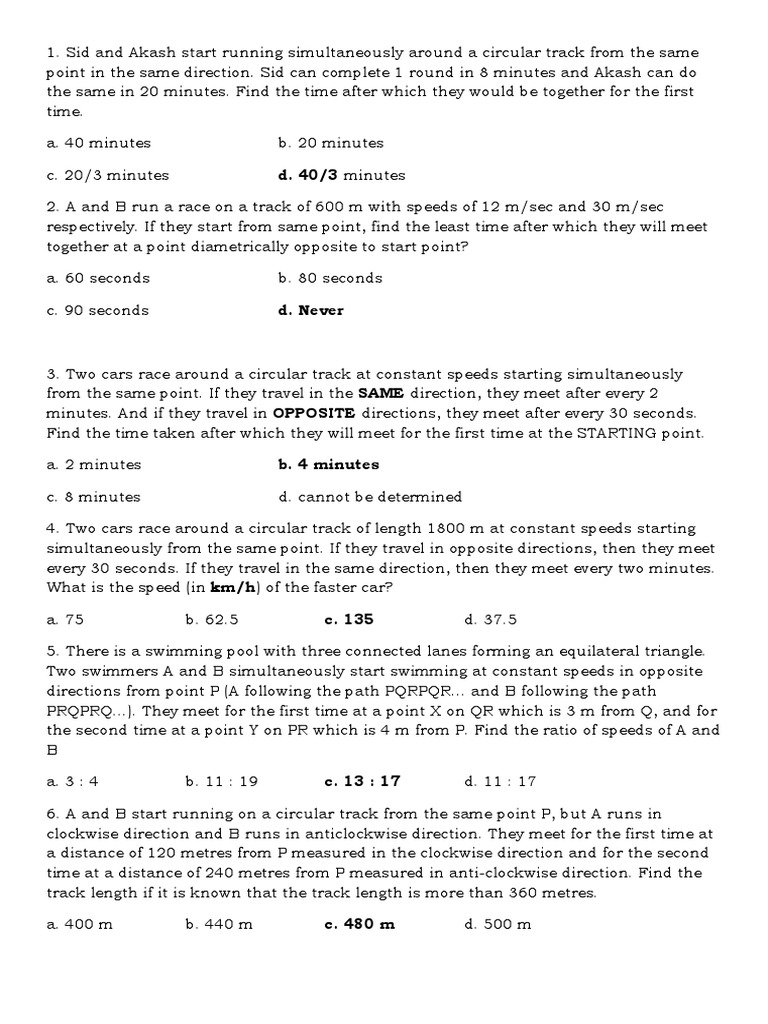 Circular Track Race Problems and Solutions | PDF | Speed | Length