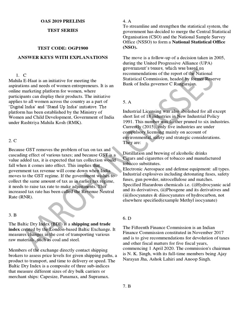 OAS 2019 Prelims Test Series Answers | PDF | Hiv/Aids | Qr Code