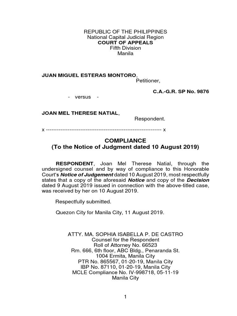 Compliance to Court Notice of Judgment | PDF | Manila | Government ...