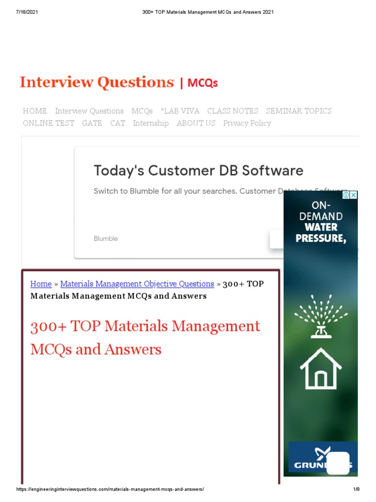 Materials Management MCQs and Answers 2021 PDF