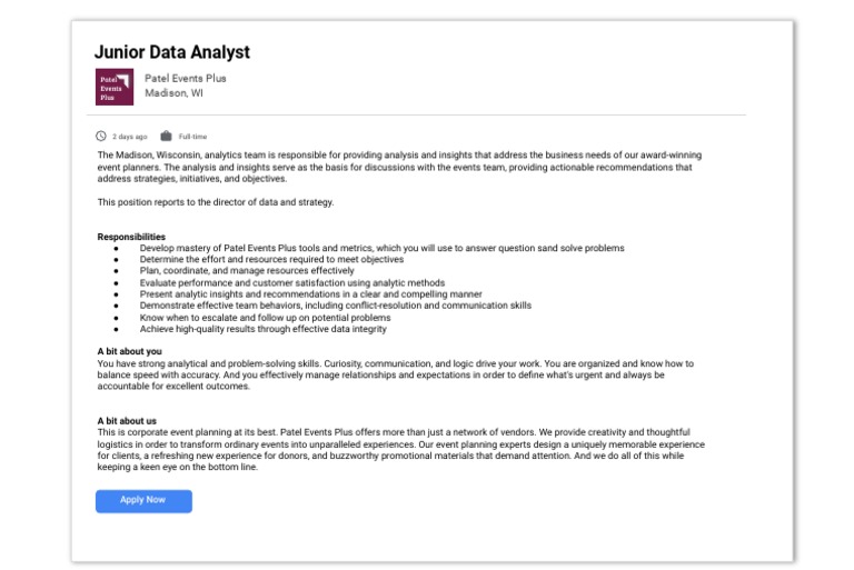 Junior Data Analyst Position at Patel Events Plus | PDF