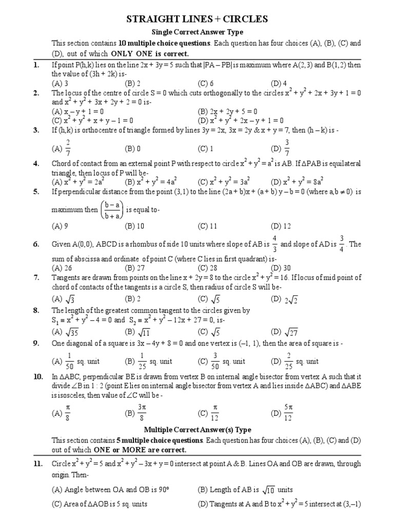 STRAIGHT LINES + CIRCLES With Solutions | PDF | Triangle | Circle