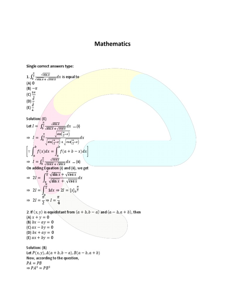 Mathematics: Single Correct Answers Type | PDF | Matrix (Mathematics ...