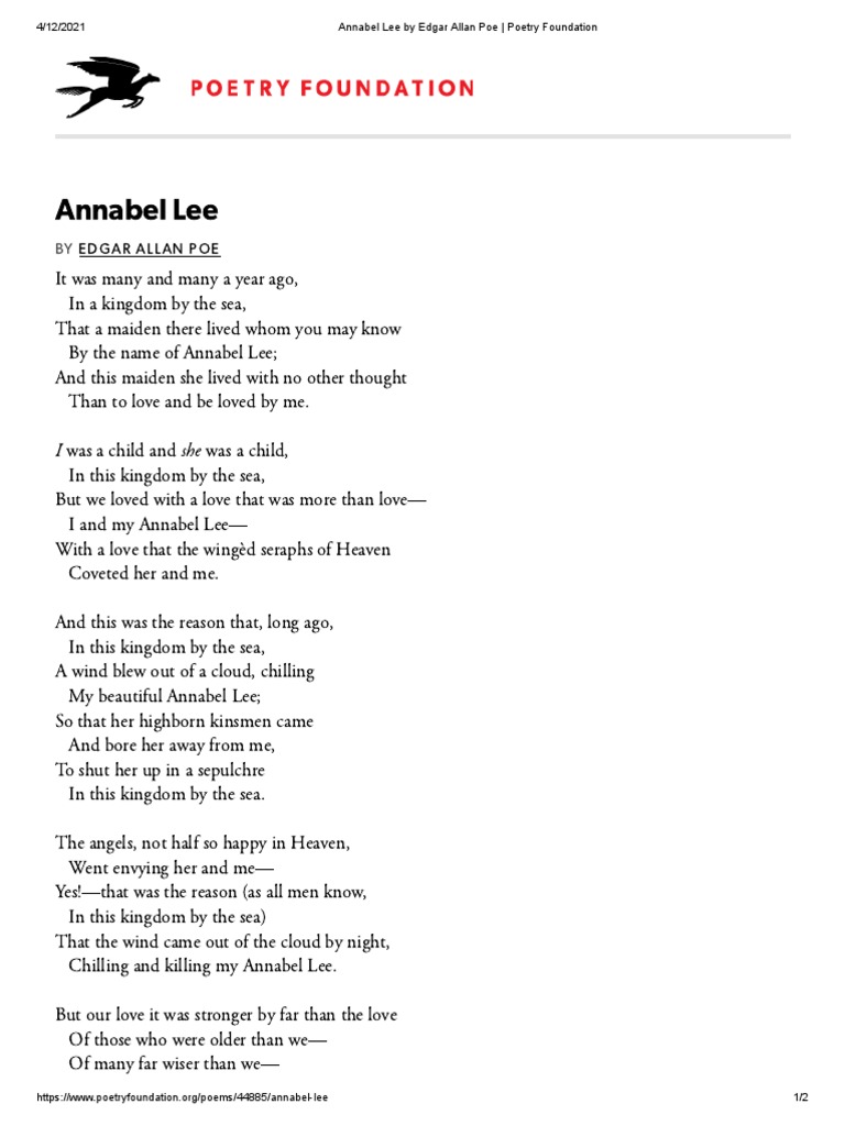Annabel Lee by Edgar Allan Poe - Poetry Foundation | PDF
