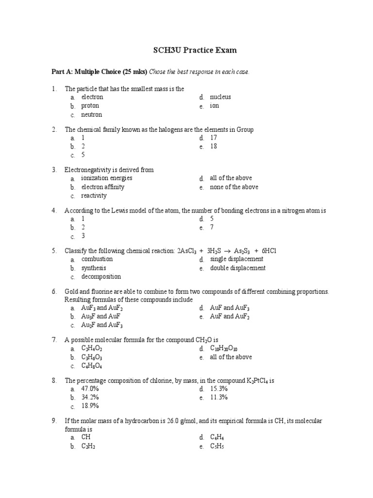 SCH3U - Practice Exam | Download Free PDF | Solubility | Chlorine