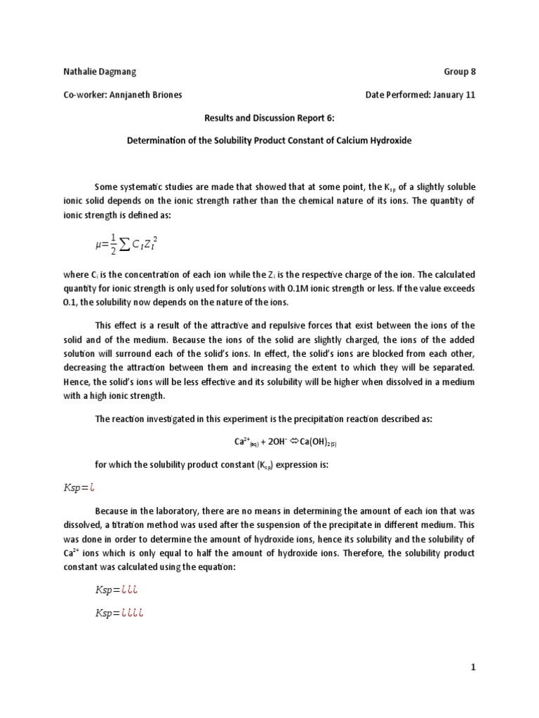 Experiment 6 Results and Discussion Report Determination of The Solubility Product Constant of