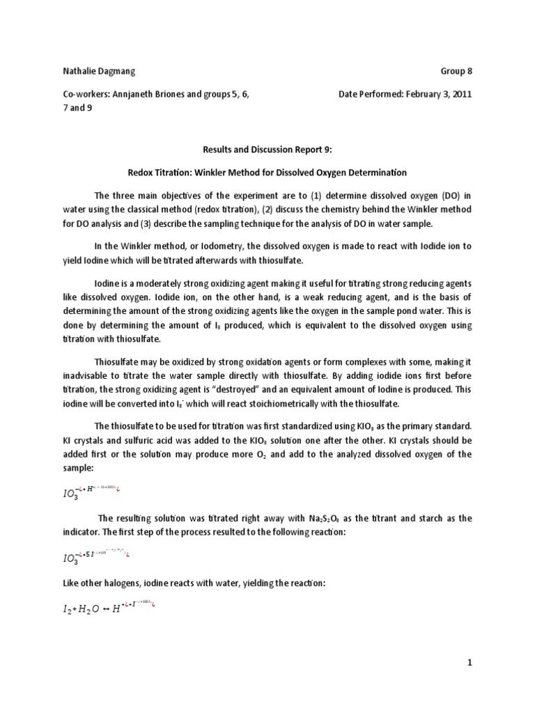 Redox titration winkler method for dissolved oxygen determination essay picture