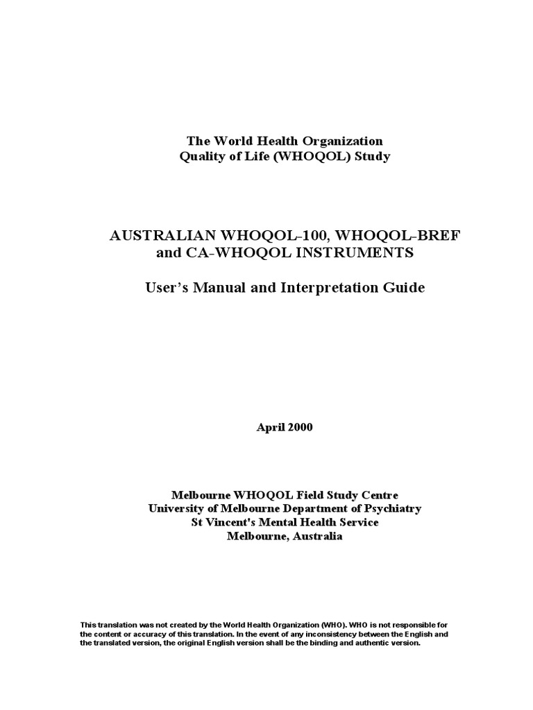 WHOQOL-BREF User Manual & Guide | PDF | Focus Group | Psychometrics