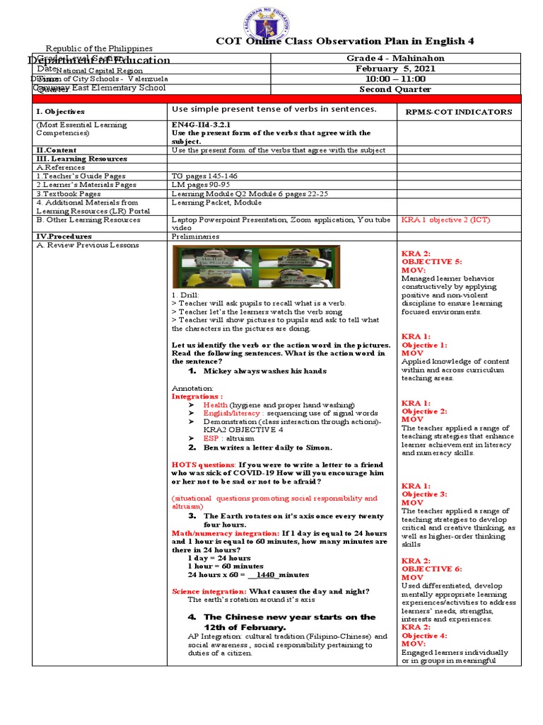 Department of Education: COT Online Class Observation Plan in English 4 ...